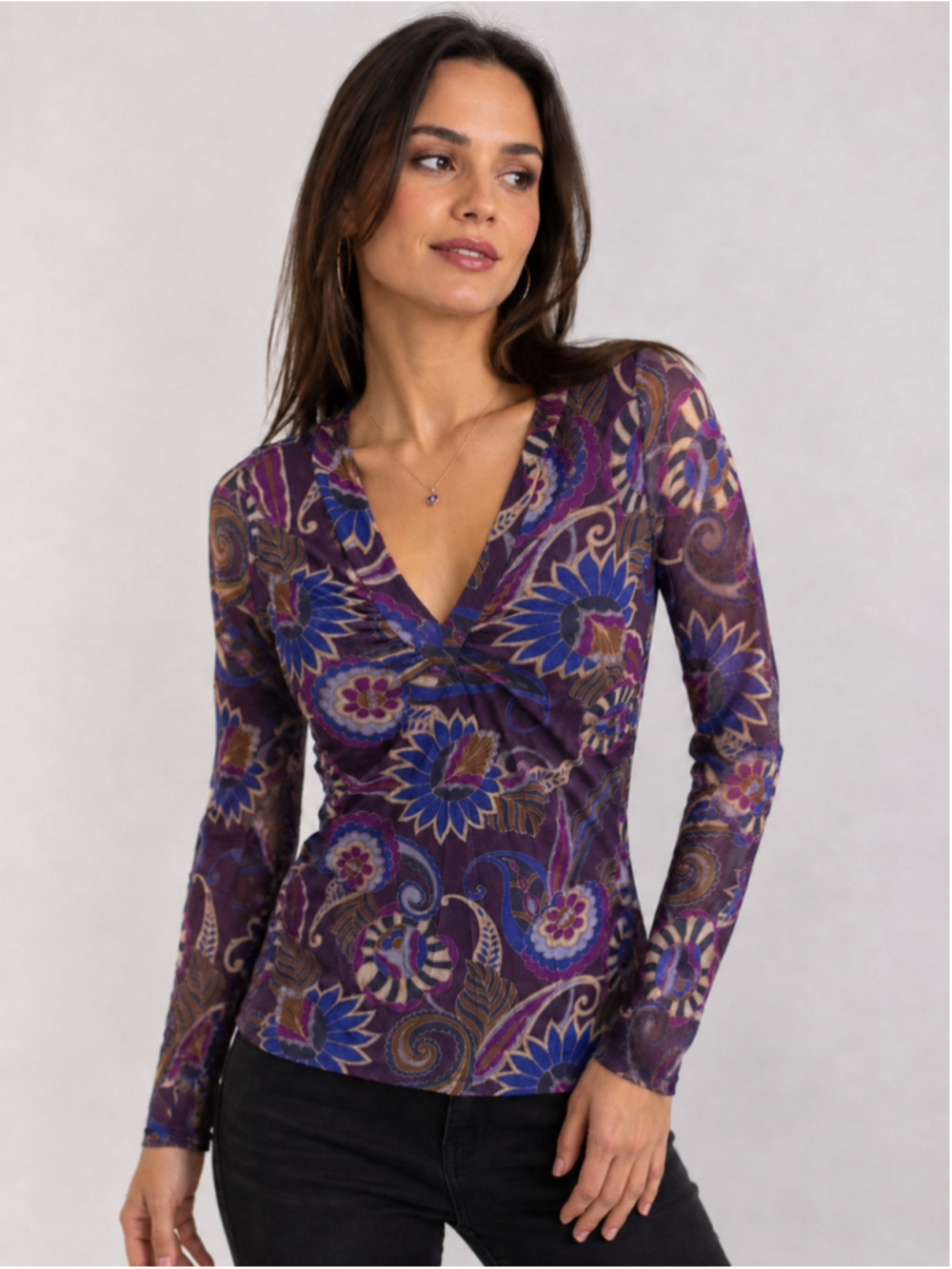 Sweet Pea by Stacy Frati Y2K Floral Mesh V-Neck Top β Size L